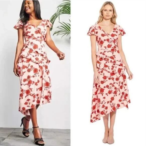 Adrianna Papell warm pink red floral print high low flutter sleeve dress size 14 - Picture 2 of 16